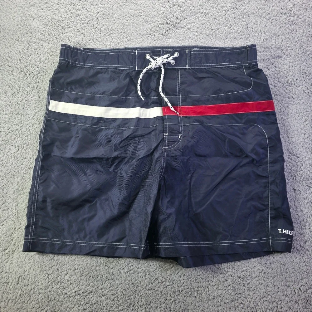 Tommy Hilfiger Mens Navy Blue Colorblock Swim Trunks Board Shorts Size L